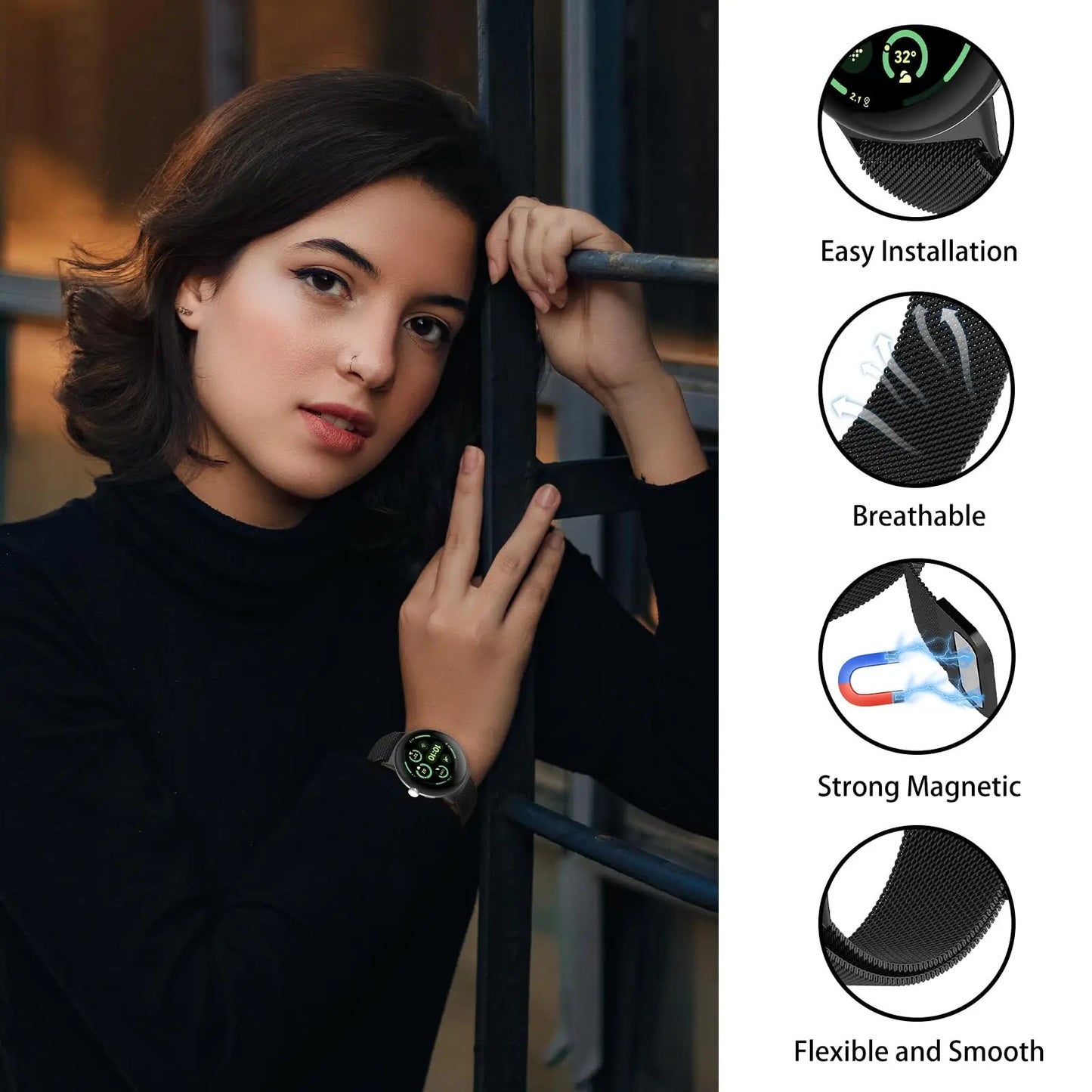 Google Pixel Watch 1 Strap Magnetic Milanese Metal Mesh Loop Band Stainless Steel